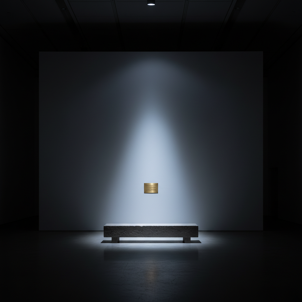 A stark, conceptually charged installation in a dim, museum-like space: a long, low concrete bench centered beneath a vast white wall, on which only a single, small brass plaque is mounted, bearing minimal engraved text that is illegible in the image. The concrete floor subtly reflects a faint glow. A solitary overhead spotlight casts a tight cone of cool light on the plaque and bench, leaving the surrounding architecture to dissolve into deep, velvety shadow. The mood is austere, philosophical, and slightly enigmatic, inviting slow contemplation and critical interpretation. Captured from a distant, symmetrical frontal viewpoint, with strong linear perspective and sharp focus, in highly realistic photographic style that underscores conceptual rigor and the authority of institutional critique.