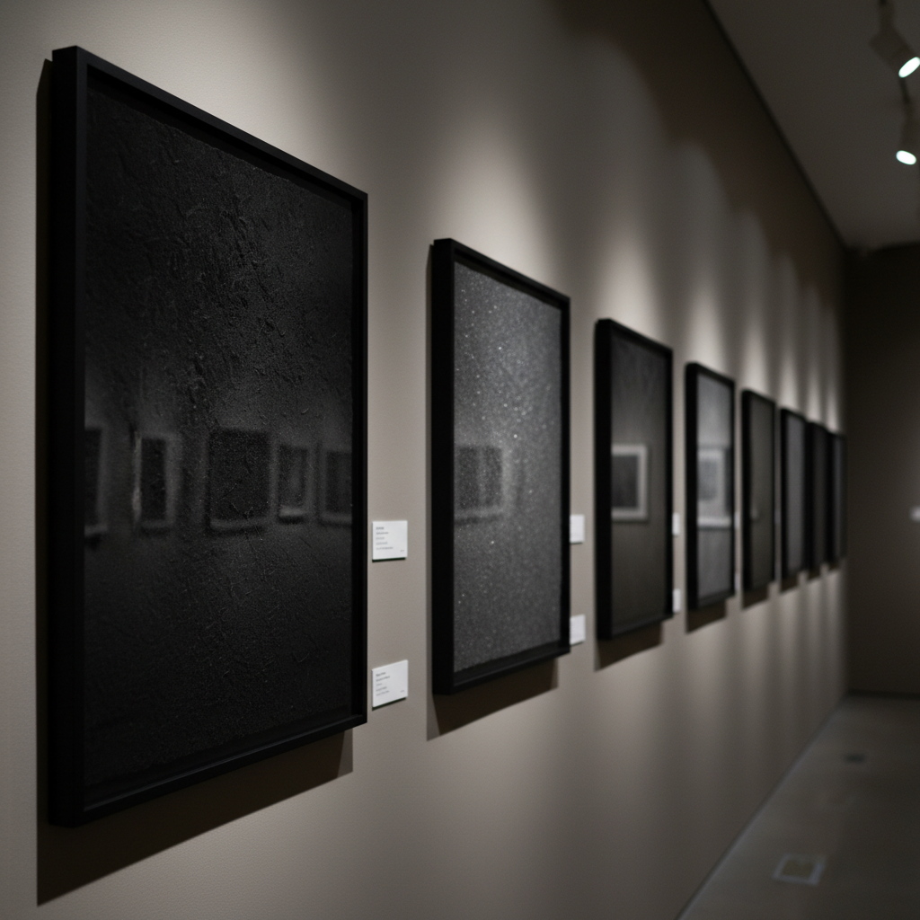 A narrow corridor of a contemporary art museum, its walls painted in a sophisticated warm grey, hosting a sequence of framed monochrome works, each consisting of subtle variations in texture—from velvety matte black to faintly glimmering graphite. Between the frames, minimalist wall labels appear as small white rectangles. Recessed ceiling track lights cast focused, museum-grade pools of neutral light on each work, creating crisp halos while leaving the upper walls slightly dim. The atmosphere is hushed and analytical, suggesting a carefully argued exhibition narrative. Shot from a low, receding angle that emphasizes depth and repetition, with the nearest frame in sharp focus and the others gently softening into distance, rendered in polished photographic realism to highlight curatorial rhythm and spatial flow.