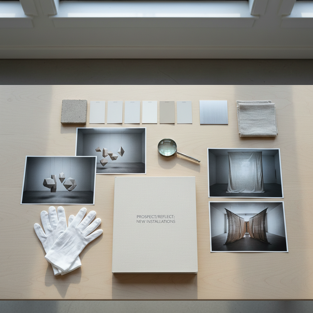 A refined curator’s worktable in a high-ceilinged studio office, featuring a smooth pale oak surface neatly laid out with archival cotton gloves, a linen-bound exhibition dossier, carefully arranged 4x6 photographic prints of experimental installations, and a slim silver magnifying loupe. Along the back edge of the table, neutral-toned wall paint samples and small material swatches—concrete, brushed aluminum, and raw linen—are aligned like a quiet palette. Soft, cool north light from a large unseen window floods the tabletop, producing delicate, elongated shadows and crisp highlights along paper edges. The mood is intensely focused yet serene. Photographed from directly above in a precise, flat-lay composition, with sharp focus throughout, in clean, high-end photographic realism conveying sophistication and curatorial methodology.
